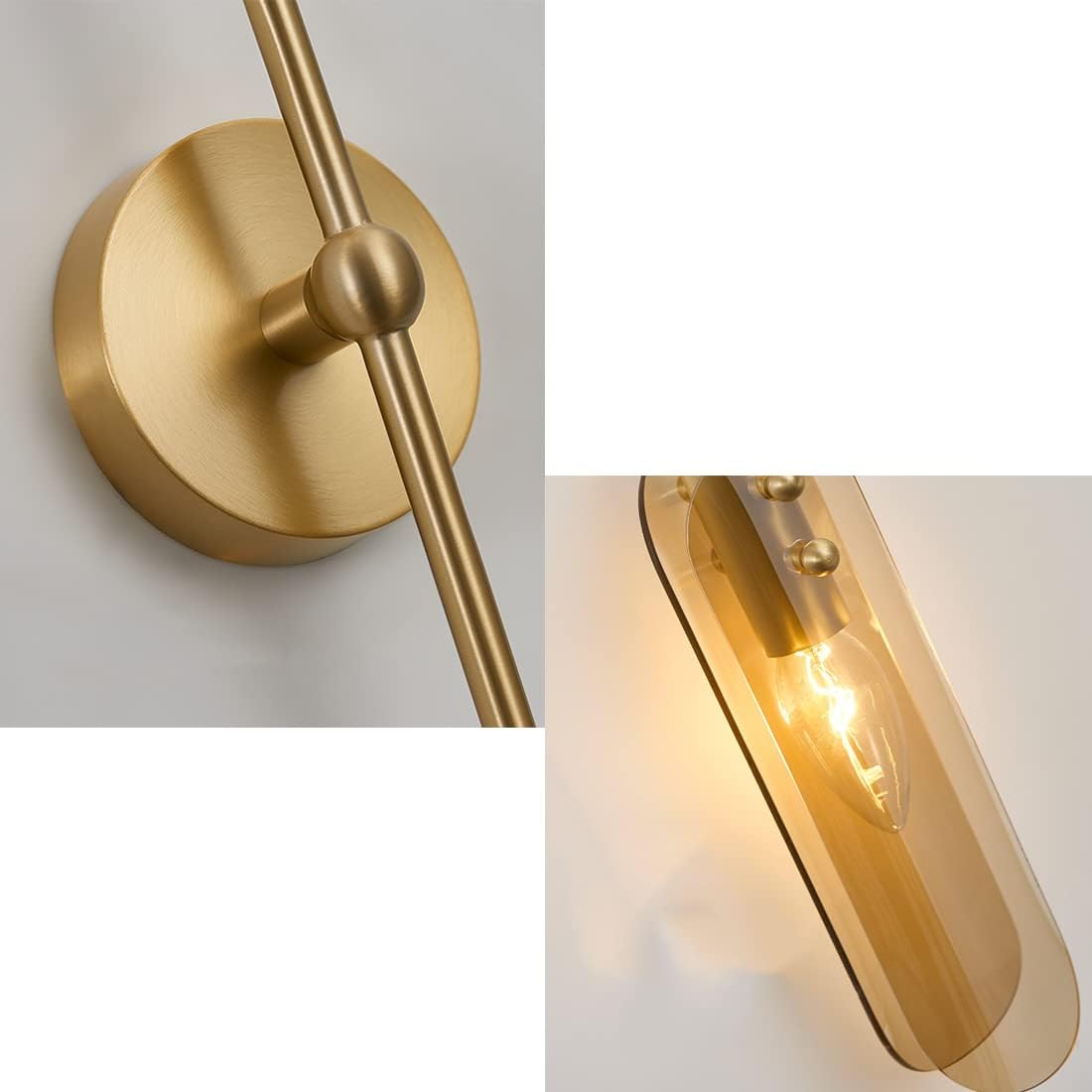 2-Light mid Century Modern Wall Sconce Gold Bathroom Globe Vanity Light with up and Down Glass Shade Industrial Vintage Wall Lights Fixture for Mirror Bedroom Living Room Hallway (Amber)