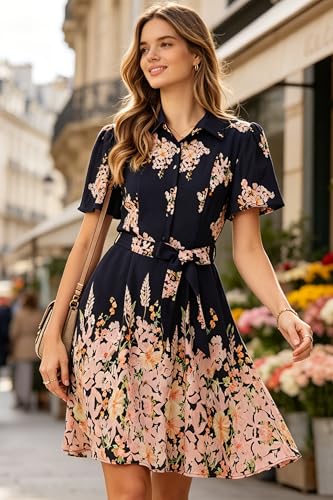 Image of Women Long Sleeve Spring Button Down A-Line Floral Print Summer Cocktail Shirt Dresses with Belt