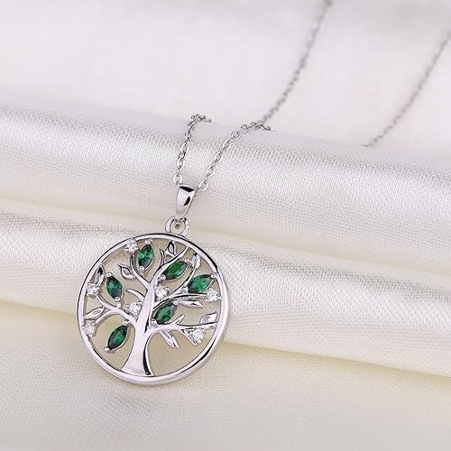 Natural Marquise Cut Greem Emerald Gemstone Tree of Life Necklace,925 Sterling Silver Family May Birthstone Tree Coin Pendant Necklace