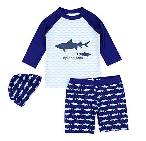 Baby Boys Two Piece Rash Guard Swimsuits Kids Long Sleeve Sunsuit Swimwear Sets with Hat (Shark, 5-6T(Height:110-122cm42.9-47.5