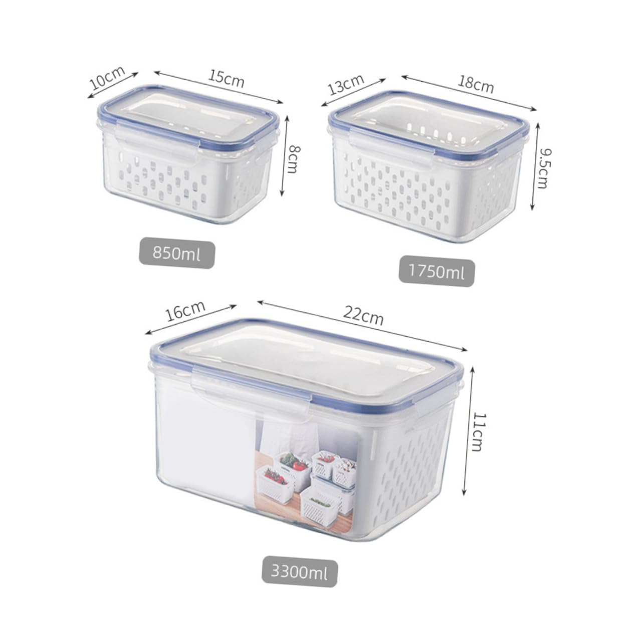 Recipientes Herméticos para Alimentos de 3 Piezas 850ml 1750ml 3300ml