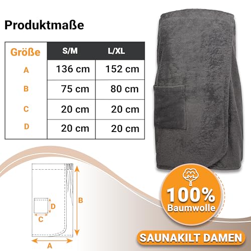 ZOLLNER Damensaunakilt in grau - hautfreundlich und saugstark - Baumwolle - mit Gummizug und Klettverschluss - Größe S/M - waschbar bis 60°C - Oeko Tex® zertifiziert