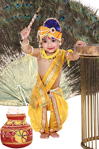 Image of Raj Fancy Dresses Shri Krishna Dress for Baby Boy & Girl, Janmashtmi Dress with Diaper-friendly Dhoti & Dupatta, Mor Pankh Mukut