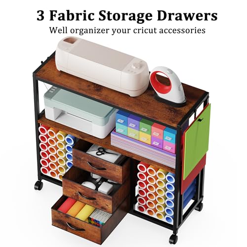 Image of 48 Vinyl Roll Holders for Cricut Cart, 32 inchW Large Craft Cart with 3 Fabric Drawer, Craft Organization and Storage Compatible with Cricut Maker Machine, Crafting Table Workstation, Vintage
