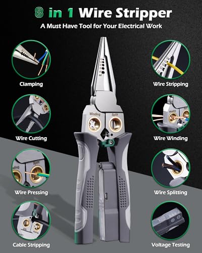 Image of 8 In 1 Wire Stripper, Wire Stripping Tool with Voltage Tester, Cable Cutters with Plier, Twister, Crimper, Splitting, Wire Stripper Tool for 10-18 AWG for Electrician Work GRAY