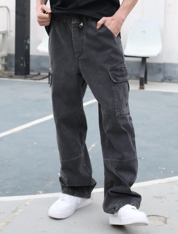 LOGEQI Mens Baggy Cargo Jeans Wide Leg Hip Hop Jeans Streetwear Loose Fit Denim Pants - Image 5