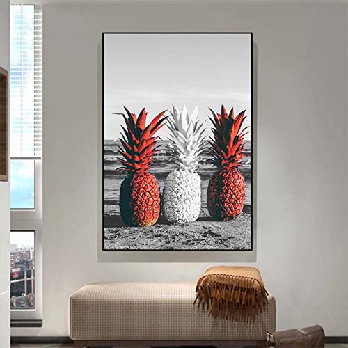 Toile art abstrait ananas moderne affiche murale salon gris rouge vert