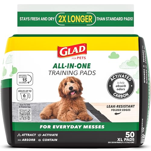 Image of Glad for Pets Activated Carbon Dog Training Pads - Absorbent Large Disposable Dog Pee Pads for Dogs, XL Potty Pads for Dogs, Charcoal Puppy Pads with Adhesive Tabs, Jumbo Dog Pads, 28 inch x 30 inch, 50 Count