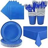 Severs 25 Guests Blue Party Supplies Set Include 9-inch Blue Paper Plates Cups Napkins and Tablecloth,Disposable Dessert Plates for Wedding Birthday