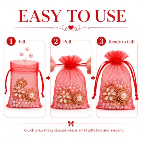 Image of Hopttreely Red Organza Gift Bags 50PCS, 4x4.72 High-Density Mesh Drawstring Favor Pouches for Small Business, Jewelry, Wedding Party Favors, Candy, Goodie Bags & Storage