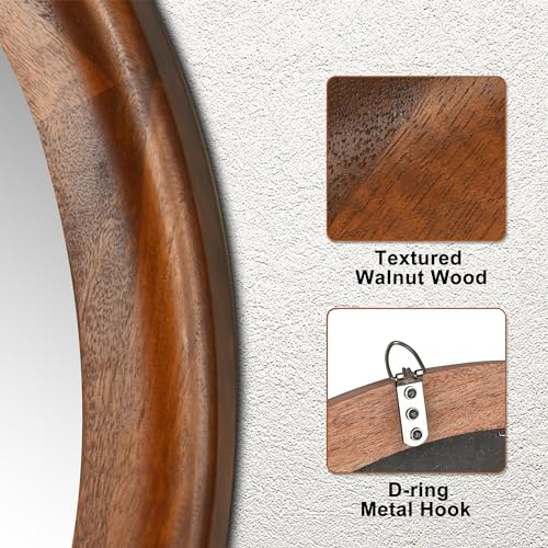 Wiowur WIOWUR-CO Round Wood Mirror For Wall,24 Inch Circle Decorative Mirror With Walnut Frame,Rustic Bathroom Hanging Vanity Mirror thumb #3