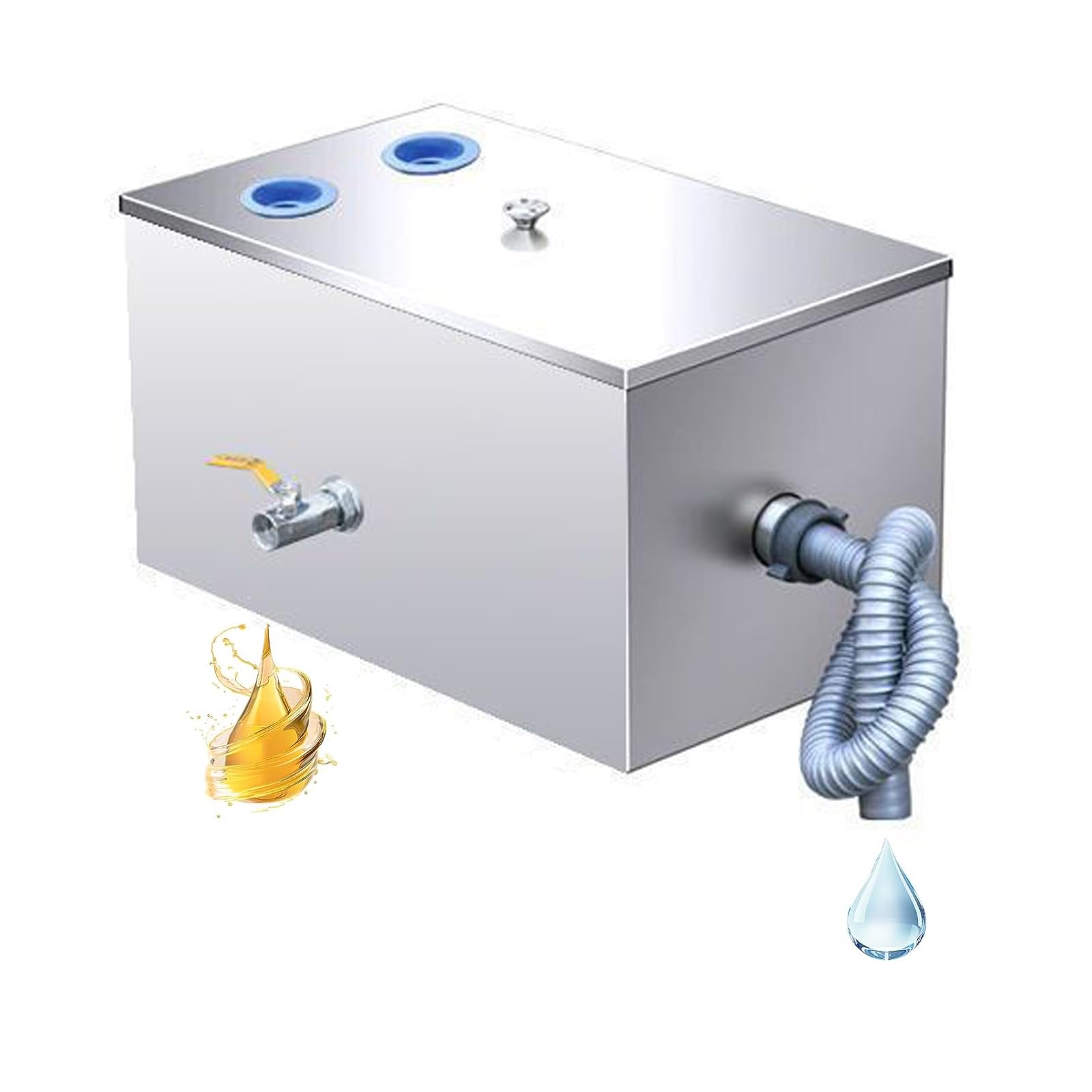 Interceptor de Grasa Comercial, 25L Separador de Grasa de Acero Inoxidable Separador para Aguas Residuales Bajo Fregadero con Dos Entradas Superiores para Cocina Cantina 40x25x25cm