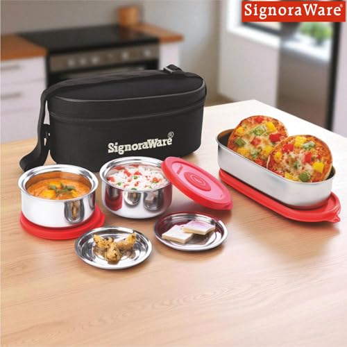 Image of Signoraware Double Decker Stainless Steel Lunch Box | Airtight & Leakproof | Ideal for Office & School Meals | Great for Travelling & Outdoors (260ml + 260ml + 650ml | Red)