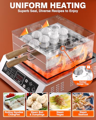Image of PYY Rice Noodle Roll Steamer Machine - 2 Layers Chinese Cantonese Cheung Fun Changfen Maker for Commercial and Home Use with Extra Stainless Steel Holed Steam Tray and Long Wooden Handle