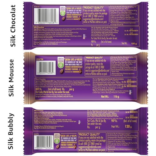 Image of Cadbury Dairy Milk Silk Bubbly 112 g, Silk Mousse 110 g & Silk 144g Chocolate Bars, 366 g (Pack of 9)