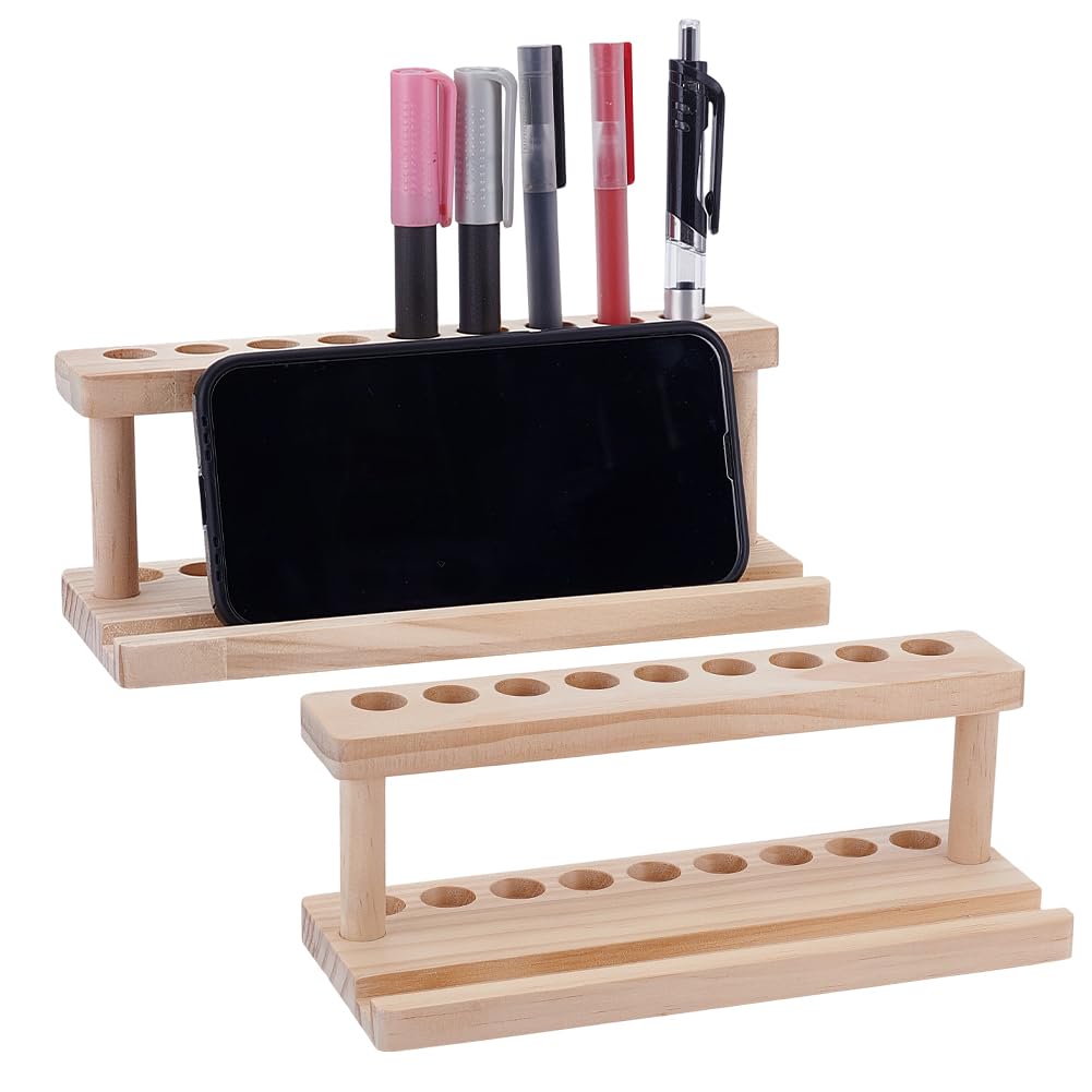 NBEADS 2 Sets Wooden Pen Holder for Desk, Wood Pen Display Stand with 9 Slots and Phone Holder Multifunctional Pens Organizer for Office Home Craft Tools Carving, 198x79x70m