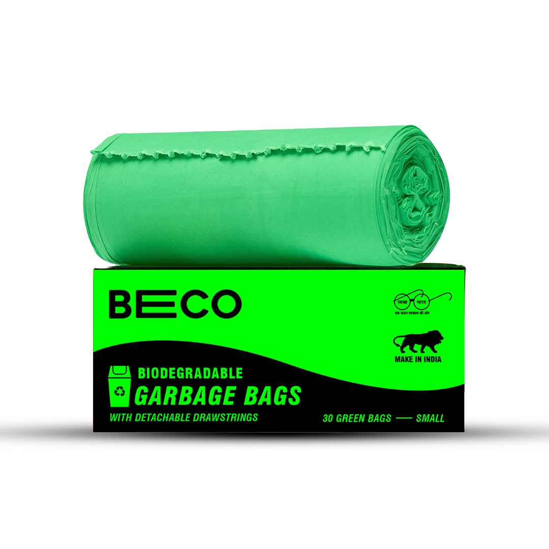 Beco Eco-Friendly Garbage Bags | 30 Pcs | Small- 17 x 19 Inches | 30 Bags x 1 Rolls | Green | Dustbin/Trash Bags with Detachable Drawstrings | For Dry & Wet waste