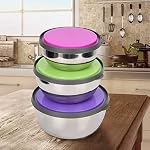 3Pcs Stainless Steel Mixing Bowls Colorful Silicone Bottom with Lids Nesting for Space Saving Storage Container Kitchen Tool Polished Mirror Finish