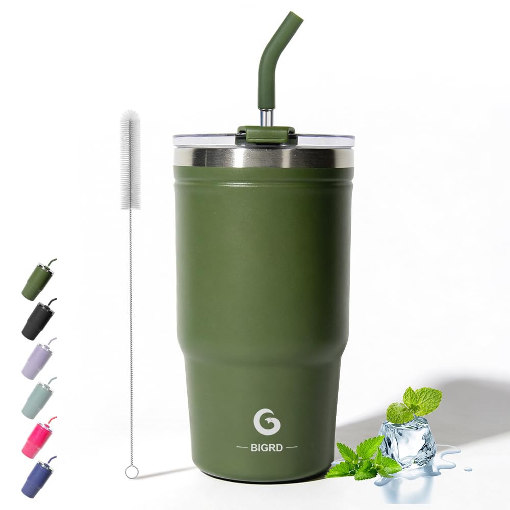 – 20oz Insulated Coffee Cup Travel Mug with Straw and Lid 591ml,Leak Proof Stainless Steel Office Water Bottle Keeps Cold and Hot for 8 Hours,Army Green