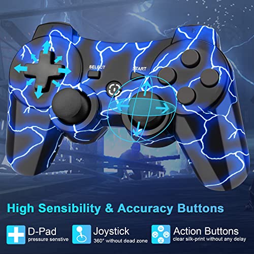 Blue Wireless Remote Works For Ps3 Controller, Oubnag Gamepad For Ps3 Controllers Compatible With Playstation 3 Controller, Cool Lightning Pa3 Controller Gift For Kids Boy Girl Man Lightning Blue #TOP2