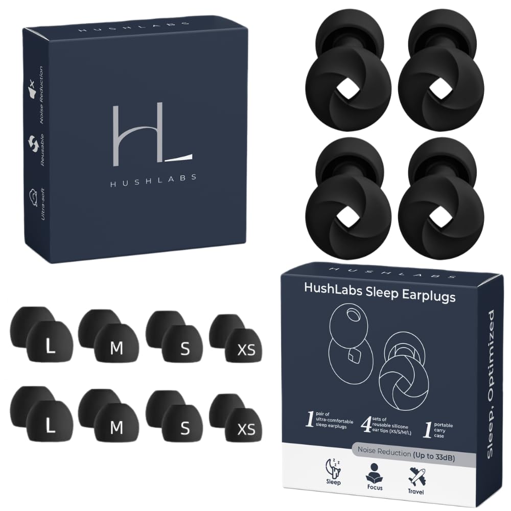 2 Pairs Earplugs for Sleeping, Noise Cancelling, Snoring, Airplanes, Loud, Focus, Comfortable, Safe, Soft, Hypoallergenic, Silicon Reusable with extraEarbuds -33dB (Black x2), Medium