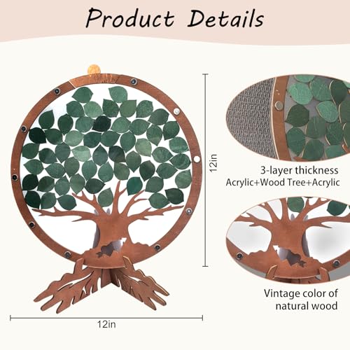 Image of PAMBO Wedding Guest Book Alternative with 55 Green Leaves,Rustic Wooden Family Signing Tree Guest Book - 12 inch Handcrafted Wedding Decoration & Keepsake