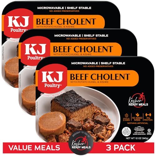 Image of KJ Poultry Kosher Ready Meals - Beef Chulent & Kugel, MRE Meat Meals Ready to Eat, Shabbos Food (3 Pack) Prepared Entree Fully Cooked, Shelf Stable Microwave Dinner Travel, Military, Camping, Survival