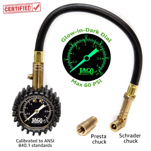 JACO BikePro Bike Tire Pressure Gauge - 60 PSI (MTB Series) | Presta + Schrader Air Chucks