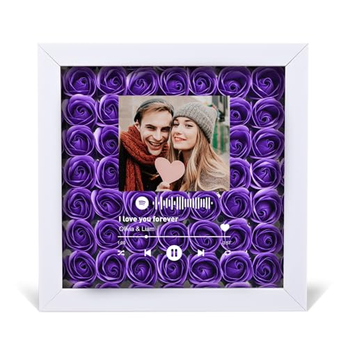 Personalized Name Valentines Flower Shadow Box, Custom Photo Preserved Flowers Gift Box, Shadow Box Frame Display Cases with Transparent Window Door for Anniversary