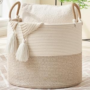 KAKAMAY Large Blanket Basket (18″x18″x16″), Woven Baby Laundry Hamper for Storage, Cotton Rope Basket for Nursery, Laundry, Living Room, Pillows, Baby Toy Chest with Handles (Black Stripes)