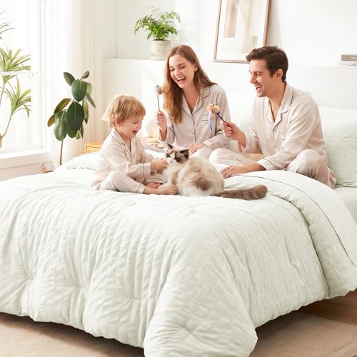 Image of CozyLux Oversized King Comforter Set with Sheets, 7 Pieces 120 inchx98 inch Ivory Seersucker Bed in a Bag, Luxury Soft Bedding Sets with Down Alternative Comforter, Sheets, Pillowcases & Shams for All Seasons