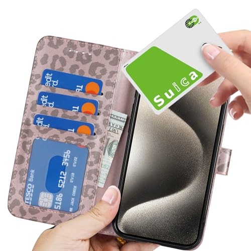 Image of for iPhone 15 Pro Case Wallet with Card Holder,for iPhone 15 Pro Wallet Case for Women Men,PU Leather Shockproof Magnetic Buckle Stand Flip Phone Case-Rose Gold Leopard