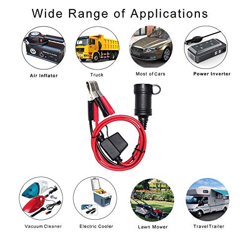 Image of SPARKING 5FT 12V Female Car Cigarette Lighter Socket Extension Cord with Battery Alligator Clips Car Battery Clip-on Extension Cable, 15A Fuse (5FT)
