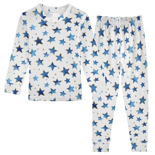 Watercolor Small Navy Stars Pattern Cute Pajama Sets Long Sleeve Top and Pants, Snug Fit Sleepwear for Night Wears