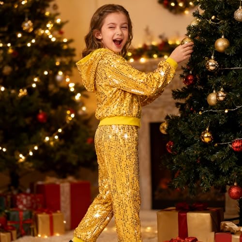Image of LOLANTA 2Pcs Girls Dance Outfits Cropped Sequin Jacket Pants Set, Kids Hip Hop Dance Costumes for 80s 90s Party 5-15 Years