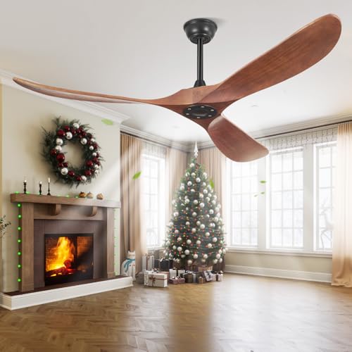 52 Inch Ceiling Fans Without Lights, Indoor/Outdoor Ceiling Fan No Light, 3 Solid Wood Blades, 3 Downrods, Timer, Quiet DC Motor, 6 Speeds Modern Fans with Remote for Patios Bedroom, Dark Walnut