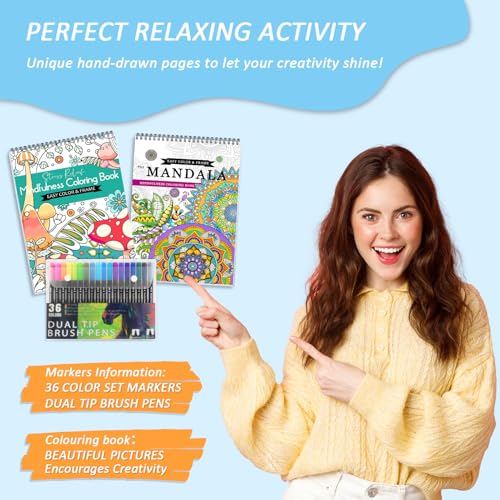 Image of 2Pcs Adult Coloring Books with 36 Colors Markers, Mandala Adult Coloring Book for Women Relaxation with 48 Patterns, Colors Markers Set, Anxiety Relief Mindfulness Gifts Original & Hand Drawn