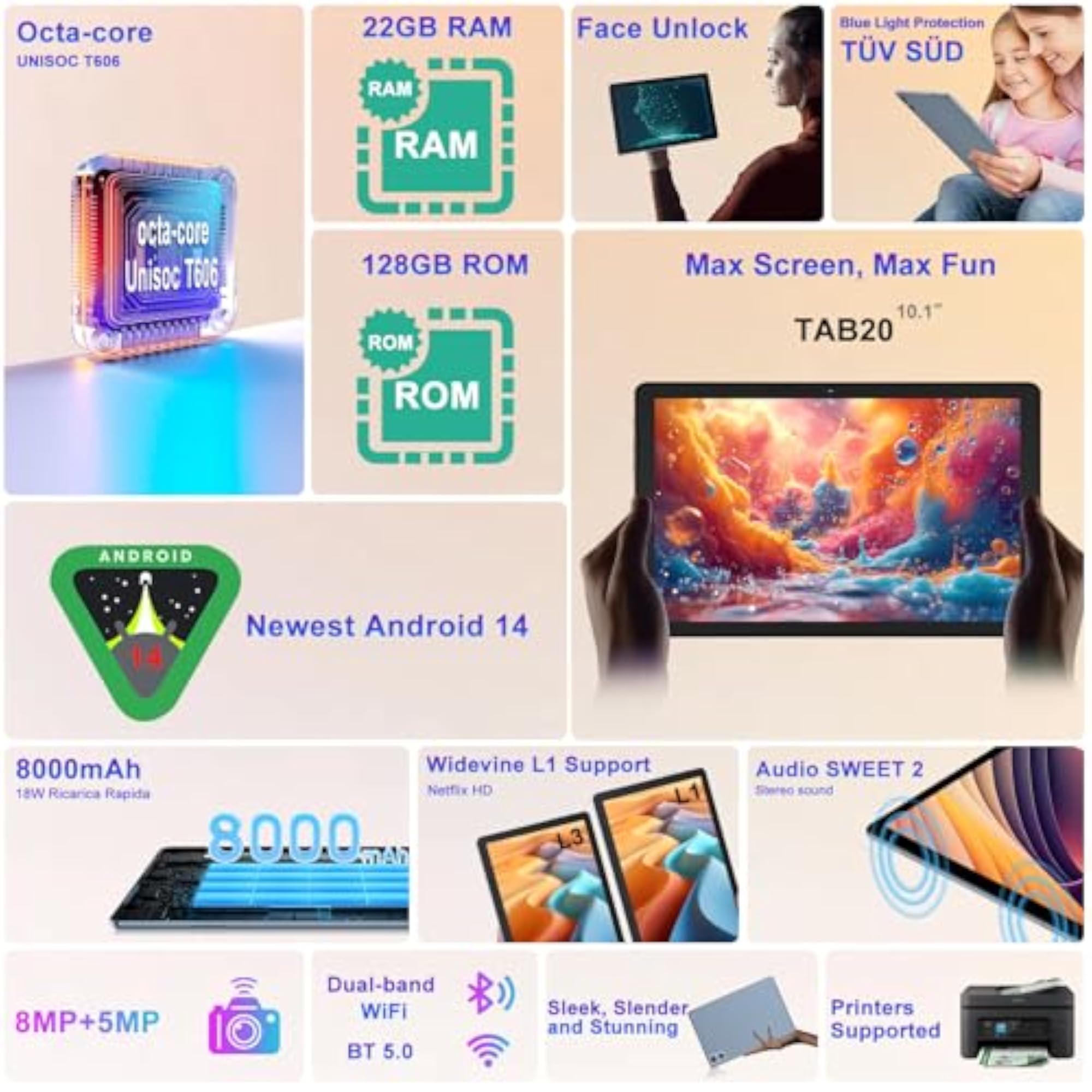 Android 14 Tablet with 22G RAM, 128G ROM, Face Unlock