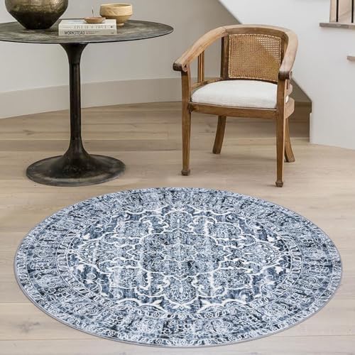 KUTA Vintage Round Rug 3ft, Washable Boho Indoor Circle Small Area Rugs, Blue White Non-Slip Printed Medallion Carpet for Entryway Kitchen Dining Room Table Living Room