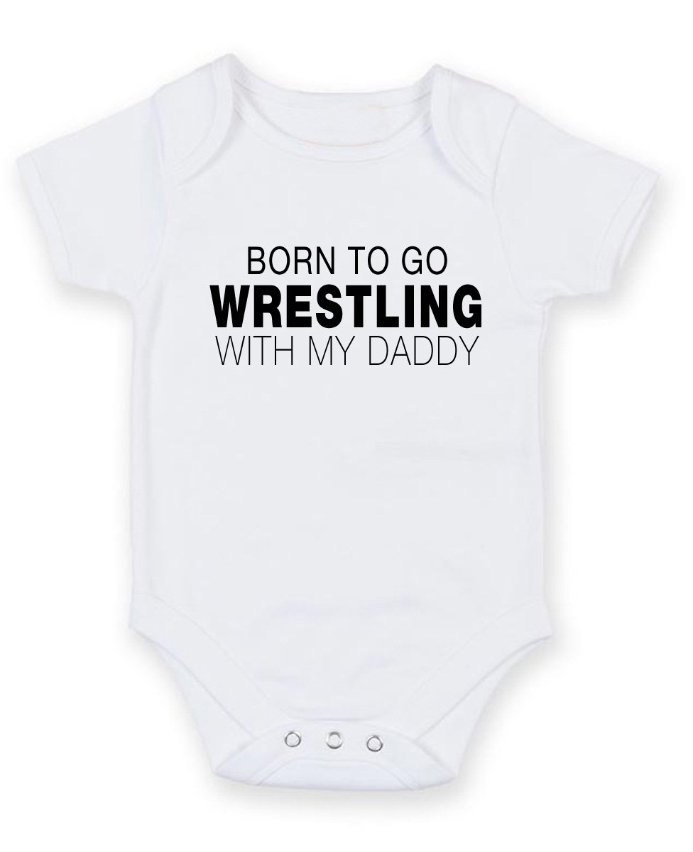 Foxyprinting Men's White Born To Go Wrestling With My Daddy - Personalised Baby Boy Girl Baby Vestunisex Short Sleeve Bodysuit (6-9 Months)