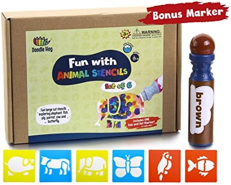 Zoo Animal Stencils + Dab and Dot Marker, Preschool washable fun large cut stencils exploring elephant, fish, pig, parrot, cow and butterfly.