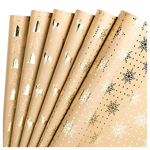 RUSPEPA Hojas De Papel Para Envolver Papel Kraft - Diseño De Árbol De Navidad Y Renos Lámina Dorada - 44,5 X 76 cm Cada Hoja, Total De 6 Hojas Empaquetadas En 1 Rollo
