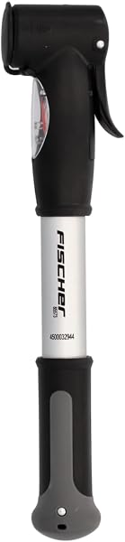 FISCHER Mini-Luftpumpe mit Manometer, Doppelhub-Technik, für alle Ventile (AV, DV, SV), Duokopf, aus Aluminium, extrem kompakt - 1
