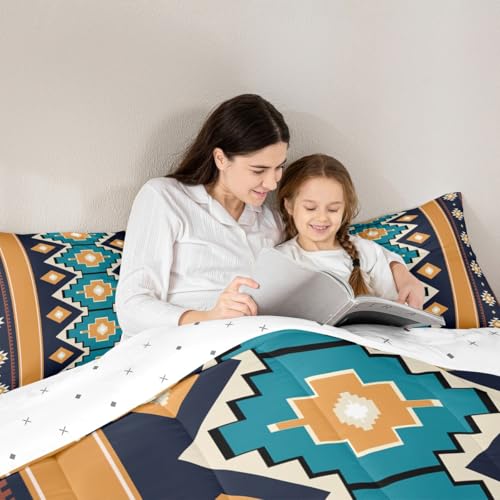 Image of Feelyou Boho Aztec Bedding Set Soft for Boys Girls, West Comforter Set Toddler Size Blue Teel Duvet Quilt Microfiber Western Bedroom Decor 2 Pcs with 1 Pillow Cases