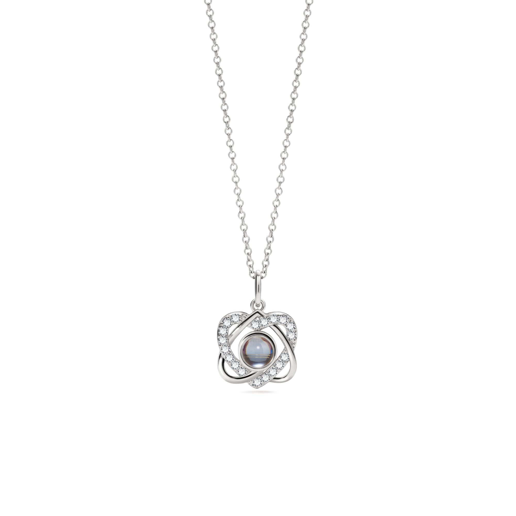 PERIMADE Collana con proiezione fotografica personalizzata con immagine commemorativa con ciondolo a doppio cuore, testo personalizzato e amore in 100 lingue CZ collana con ciondolo in argento