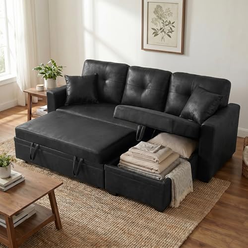 Image of 71 inch Black Convertible Sofa Bed, L-Shaped Pull Out Couch with Storage Chaise | TYBOATLE, Black Sleeper Sofa, Pull Out Couch Bed, Reversible Storage Chaise, Linen Fabric, Living Room, Apartment, Guest Room