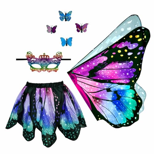 Niurui Butterfly Costumes for Girls Kids Fairy Butterfly Wings with Skirt Dress Up for Halloween Birthday Party Play Toys GiftPurple green+skirt