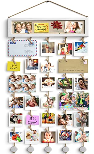 Bikoney Collage Picture Frames Hanging Photo Display Multi Pictures Organizer with Wood Bulletin Board Photo Board 30 Clips and 6 Pushpins for Room Wall Decor (White)