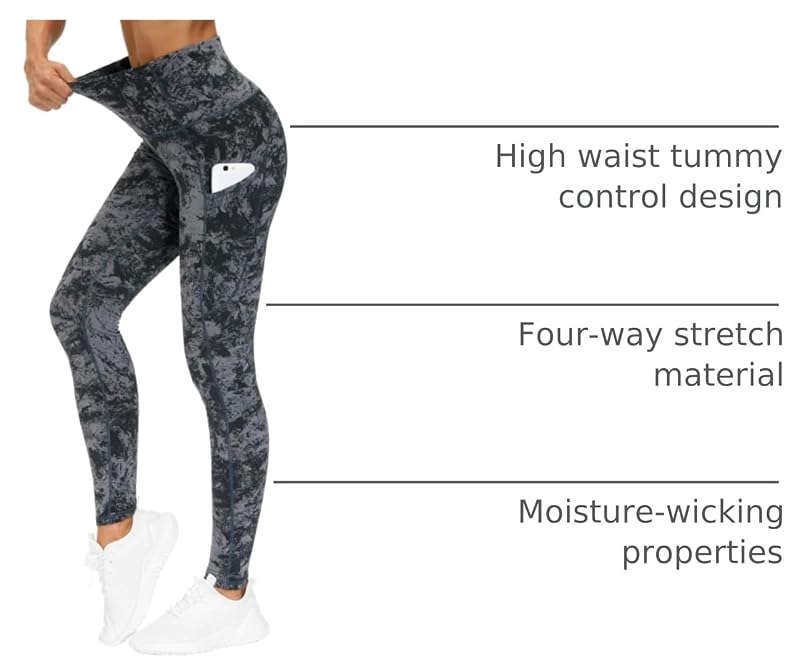 THE GYM PEOPLE Thick High Waist Yoga Pants with Pockets, Tummy Control Workout Running Yoga Leggings for Women (Large, Gray-Marble) image 4