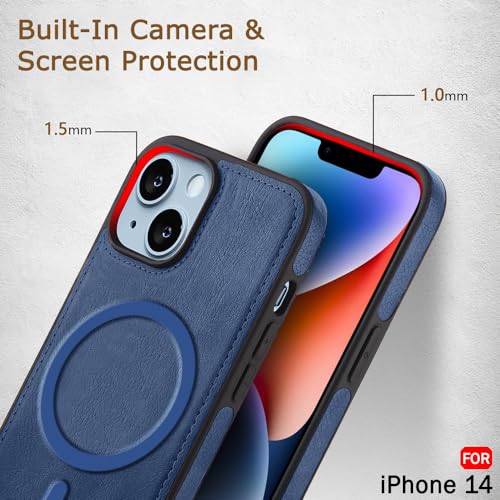 Image of TheGiftKart Genuine Leather Finish Back Cover Case for iPhone 14 | Shockproof Design | Raised Edges for Camera & Screen Protection | Stunning Minimalist Design Case Cover (MagSafe Compatible, Blue)